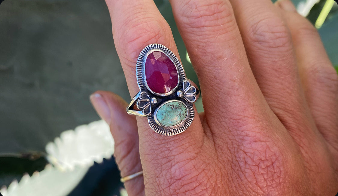 Ruby & Turquoise Flower Ring