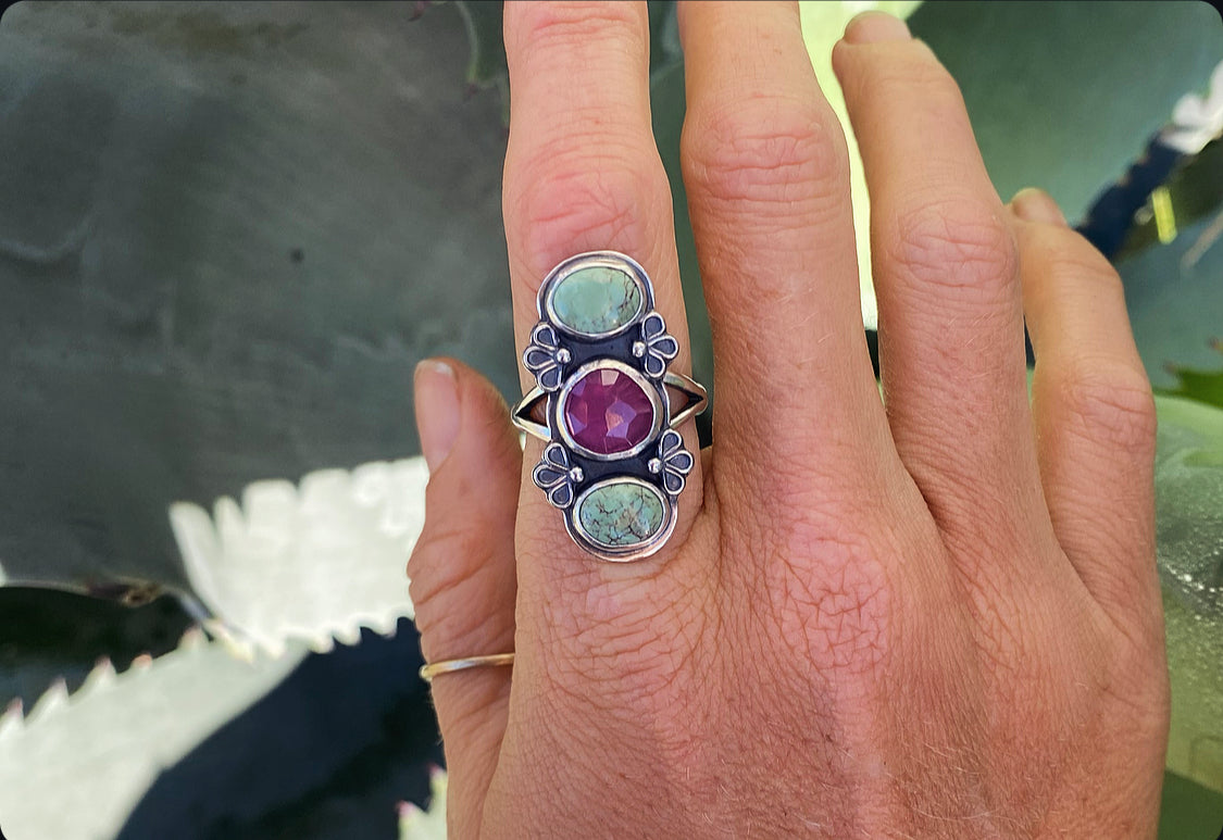 Turquoise & Ruby flower ring